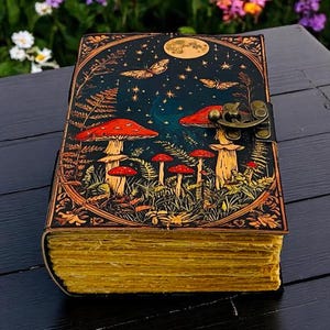 K&ouml;nnte beinhalten: Ein ledergebundenes Notizbuch mit einem skurrilen Pilz- und Schmetterlingsdesign. Das Cover zeigt eine Nachthimmel-Szene mit Vollmond, Sternen und rotkappigen Pilzen. Die Seiten sind gealtert mit einem gelben Farbton, und das Notizbuch wird mit einem Metallverschluss gesichert.