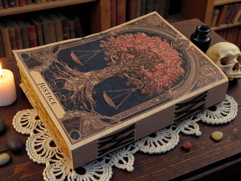 May include: A decorative book with a detailed illustration of a tree with scales on the cover. The word "JUSTICE" is printed on the side. The book is on a wooden surface with a candle, inkwell, and skull nearby.