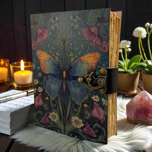 May include: A decorative journal with a butterfly design on the cover. The cover features a blue and orange butterfly with floral accents. The journal is secured with a leather strap and metal clasp. The pages have a vintage, aged appearance.