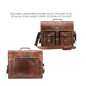 May include: A brown leather briefcase with two front pockets and adjustable shoulder straps. The strap is 56 inches long and 1.5 inches wide. The shoulder drop is 26 inches.