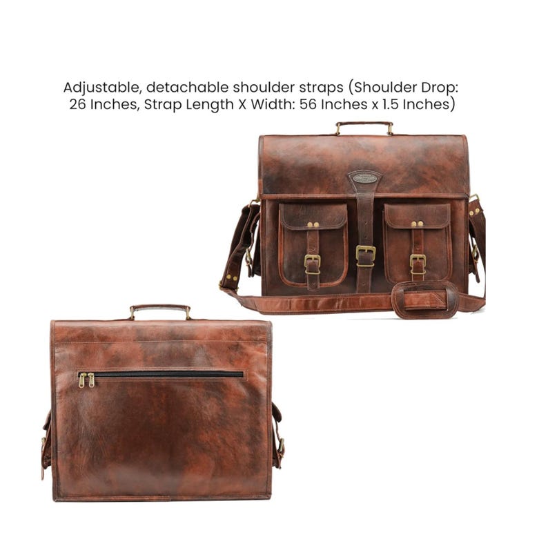May include: A brown leather briefcase with two front pockets and adjustable shoulder straps. The strap is 56 inches long and 1.5 inches wide. The shoulder drop is 26 inches.