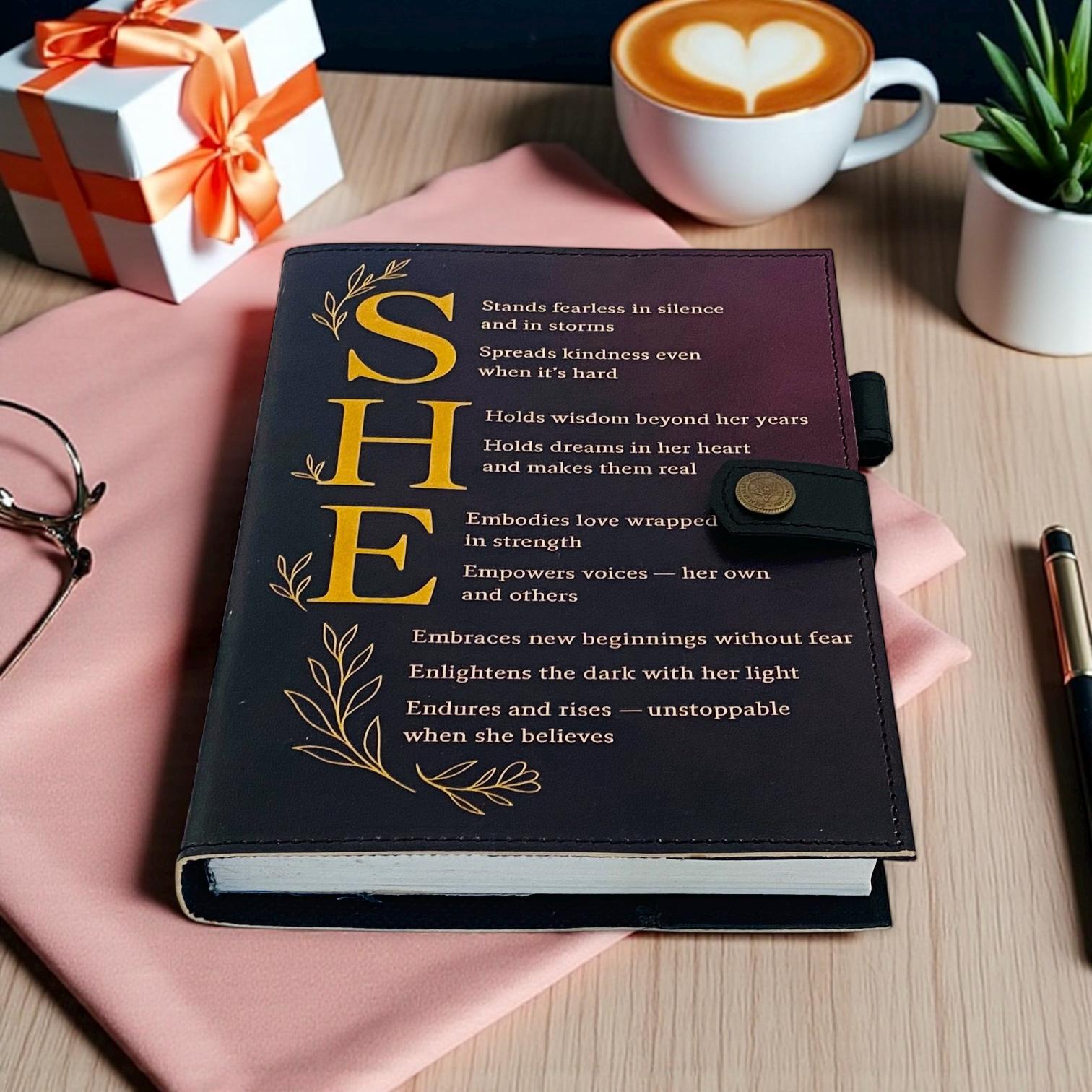 Personalized SHE Leather Journal – Custom Gifts for Women, Self Care Notebook, Healing Refillable Diary Christmas Gift for her