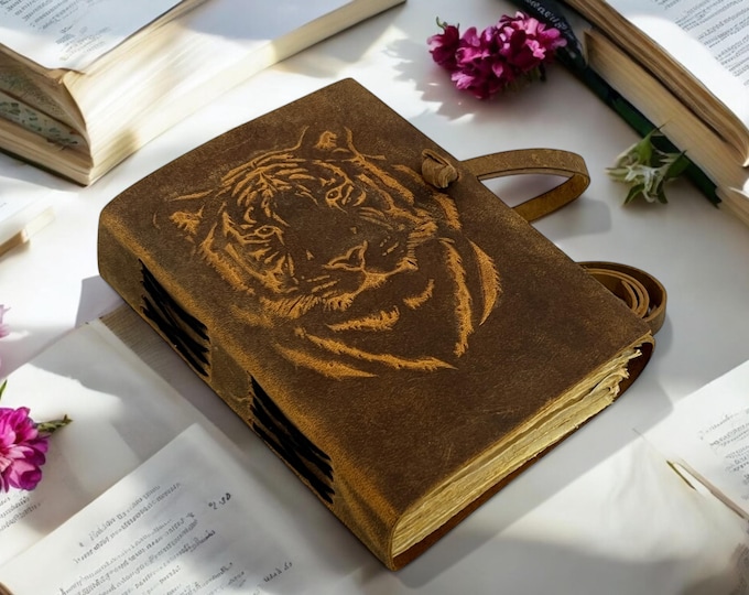 Embossed Leather Tiger Journal, Vintage Handmade Notepad