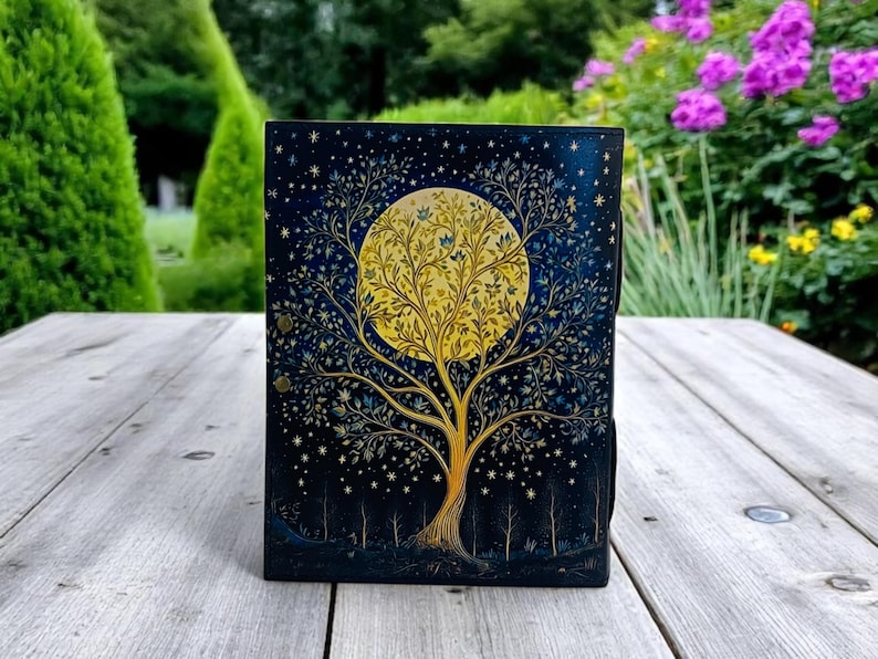 May include: A dark blue leather journal with a gold and yellow tree design. The tree is surrounded by a full moon and stars. The journal has a distressed look and is perfect for writing in.