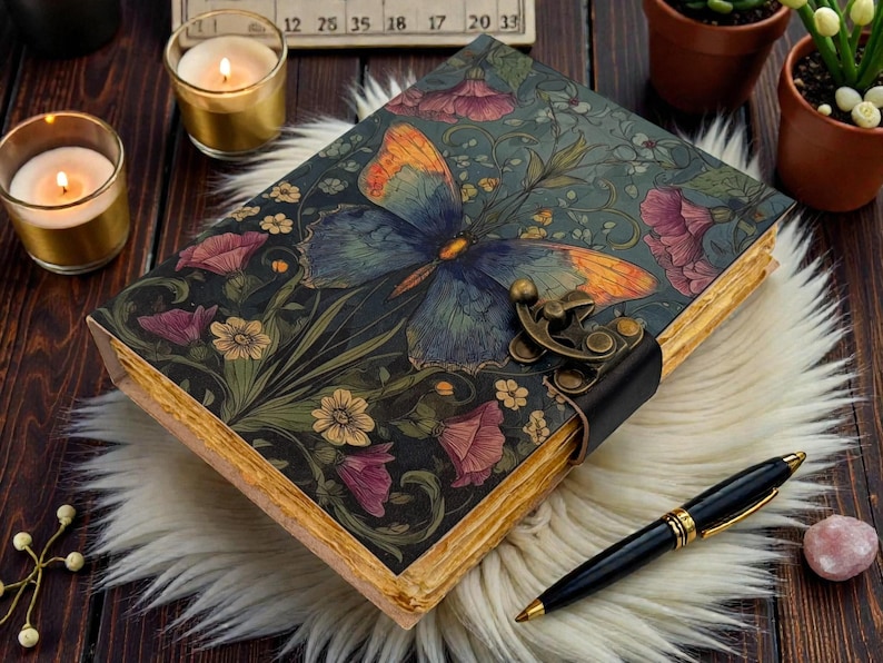 May include: A decorative journal with a butterfly design on the cover, featuring blue and orange wings. The journal is secured with a black leather strap and clasp. A black pen with gold accents rests beside the journal, along with lit candles and small potted plants.
