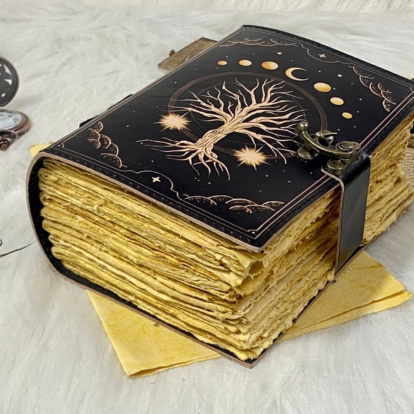 400 Page Large Grimoire leather journal, Leather Print Tree of Life Journal, Blank spell book book of shadows Leather Gifts For Him