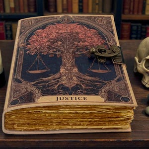 May include: A detailed journal with a tree of life design and the word "JUSTICE" on the cover. The cover features a dark blue background with a tree illustration and scales. A lit candle and a skull are next to the journal.
