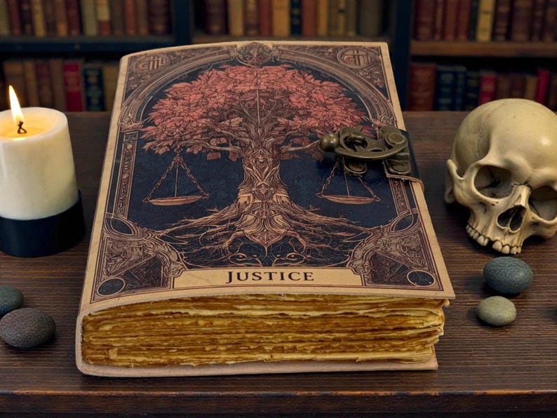 May include: A detailed journal with a tree of life design and the word "JUSTICE" on the cover. The cover features a dark blue background with a tree illustration and scales. A lit candle and a skull are next to the journal.