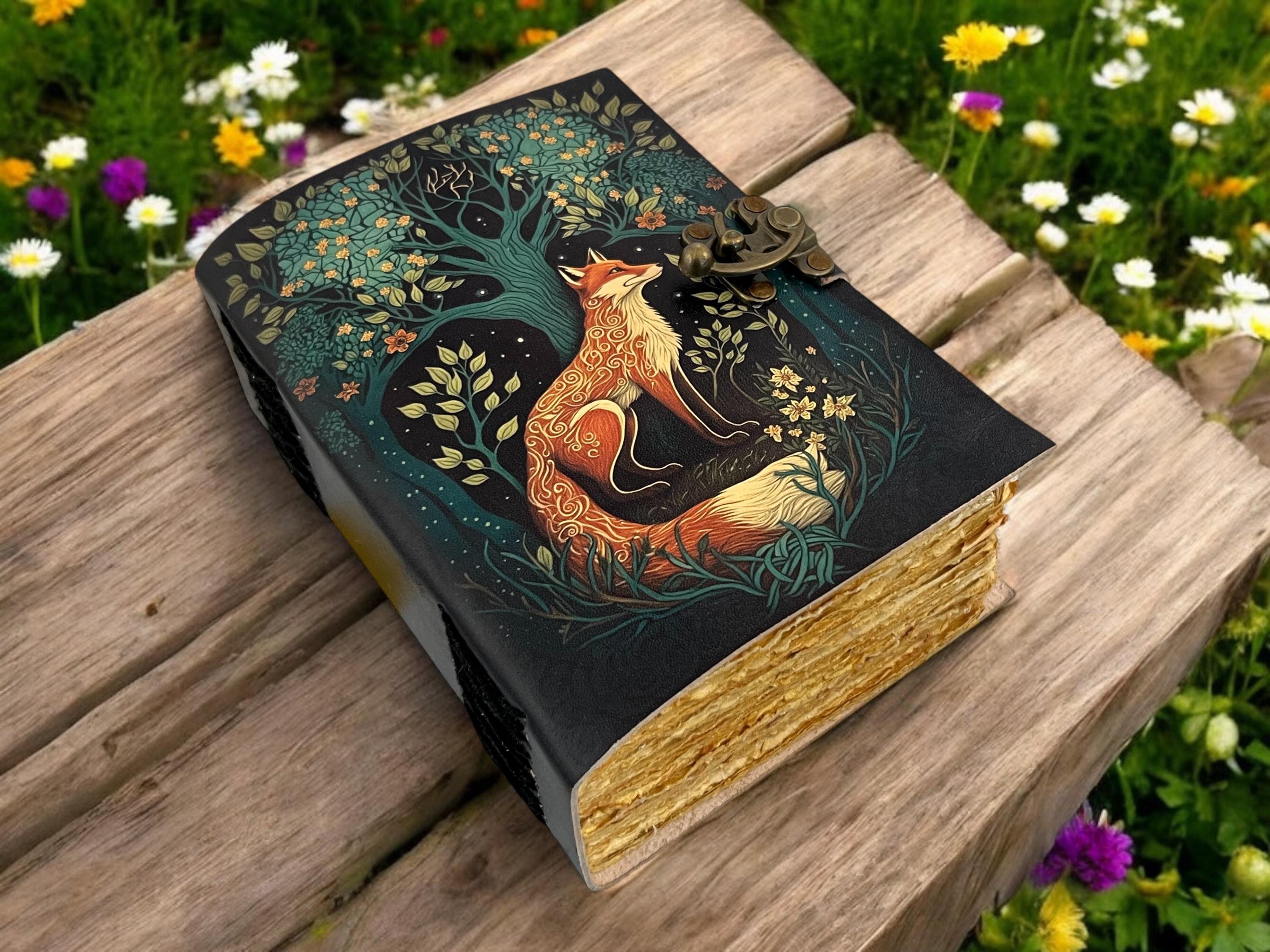 400 Pages - Grimoire Fox Leather Journal Blank Spell book of shadows Fat journal - Handmade paper Vintage Journal for women