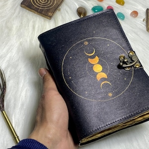 sun and moon leather notebook  spell book handstitched journal Grimoire Journal Handmade Journal With Deckle Edge Paper Gifts  For Him Her