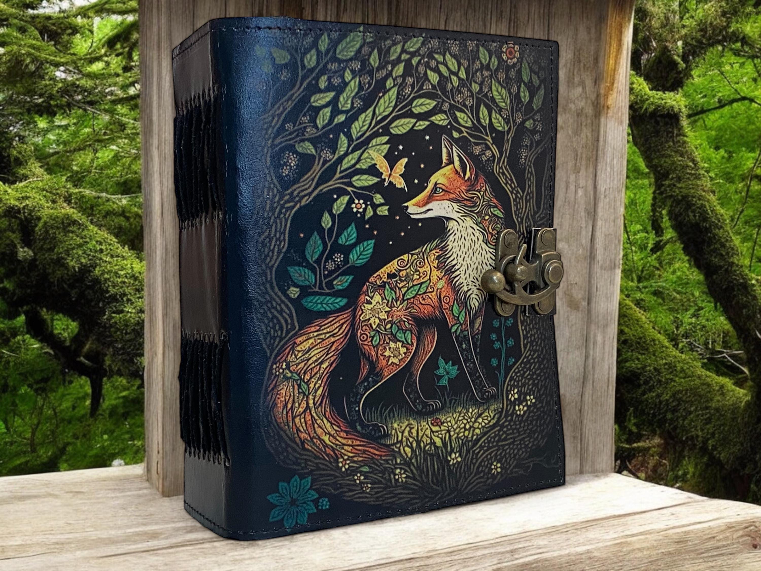 400 Page Large Fox Vintage Handmade leather Journal, Grimoire Fat journal Blank spell book of shadows Christmas Celestial Gifts For Him Her