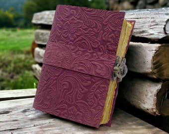 Leather Journal Notebook Personalised Flower Embossed  Cover Four Colour  Book of Shadows Handmade deckle edge paper gifts for Women