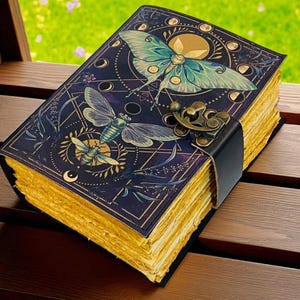 400 Page Luna Moth Grimoire – Handmade Spell Book with Lock | Personalized Wiccan Leather Journal with Deckle Pages | Witchy Gift