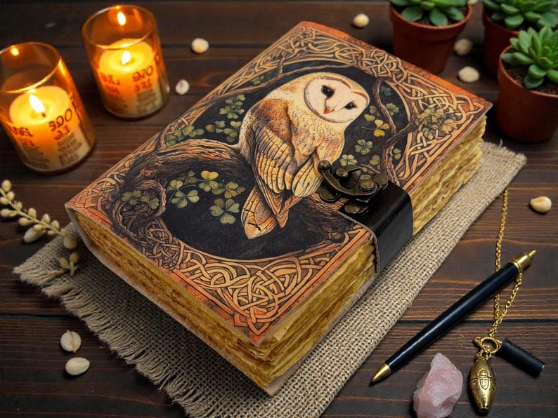 May include: A detailed, leather-bound journal with an owl illustration on the cover. The journal features a clasp closure and aged paper. The image includes candles, a pen, and small potted plants, creating a cozy, artistic aesthetic.