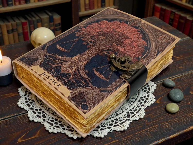 May include: A vintage-style journal with a detailed cover featuring a tree design and scales, with the word "JUSTICE". The journal has aged, yellowed pages and a clasp closure. It rests on a white lace doily.