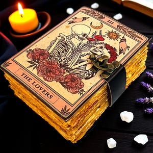 400 Pages The Lovers Tarot Grimoire Journal – Vintage Leather Spell Book, Gothic Witchy Journal, Deckle Paper Wiccan Diary, Halloween Gift