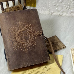 Sun and Moon Book of Shadows Handmade Leather Journal Grimoire Journal with Deckle Edge Paper Gifts for Men and Women