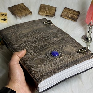 Book of shadows vintage leather journal grimoire journal with handmade deckle edge paper gifts for men and women 10x7 inches