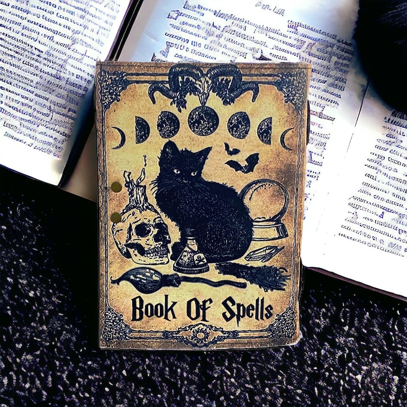 Puede incluir: Un libro de estilo vintage con un gato negro, una calavera y otras im&aacute;genes de brujer&iacute;a en la portada. El libro se titula "Book of Spells".