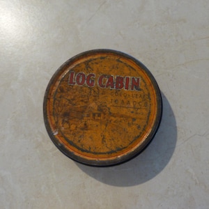 log cabin tobacco Log Cabin Flaked Gold Leaf Fine Cut Tobacco 2 Oz net Round Tobacco Tin Made  In Australia (Empty)