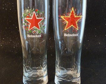 Paar Heineken Red Star bierglazen met reliëf 250 ml Bar Man Cave