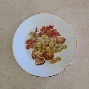 May include: A white porcelain plate with a gold rim, featuring a detailed illustration of green grapes, walnuts, and autumn leaves. The plate's design is centered, showcasing the natural elements in a classic style.