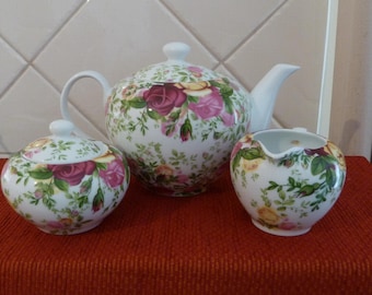 Royal Albert Country Rose Chintz Teapot Set, Sugar Bowl, Creamer Jug Made in England