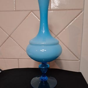 Mid Century Vintage Italian Empoli Turquoise Blue Cased Vase with Translucent  Blue Twisted Stem and Footed Base