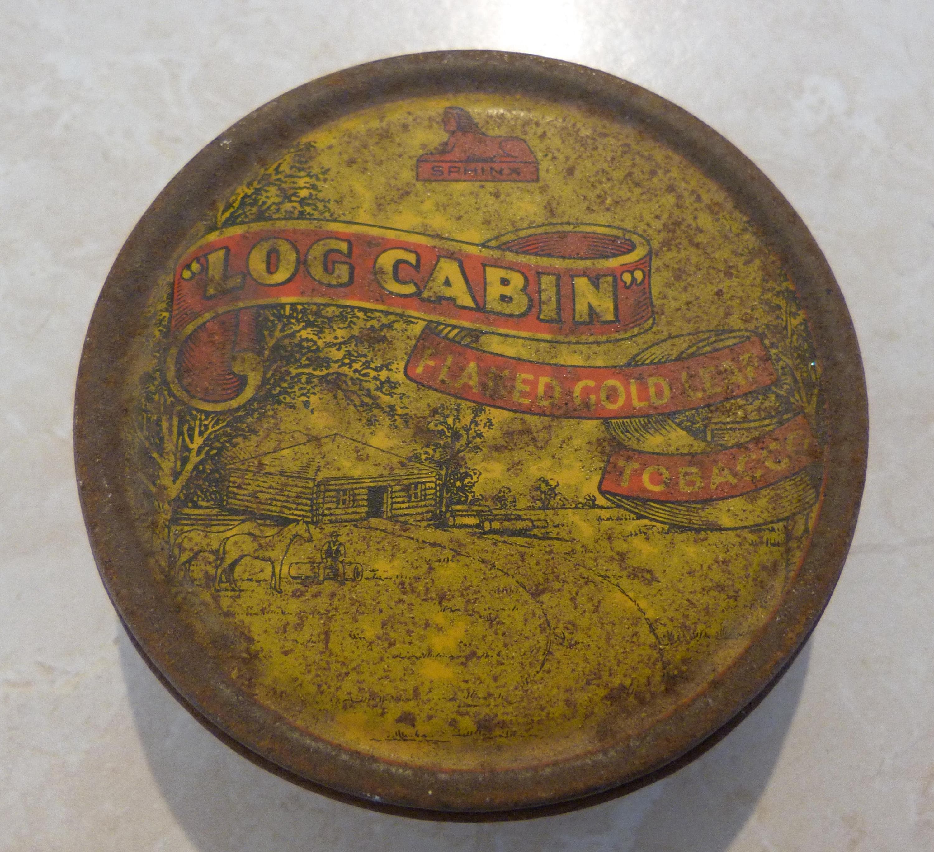 Log Cabin Sphinx Flaked Gold Leaf Fine Cut Round Tobacco Tin Made In  Australia (Empty)