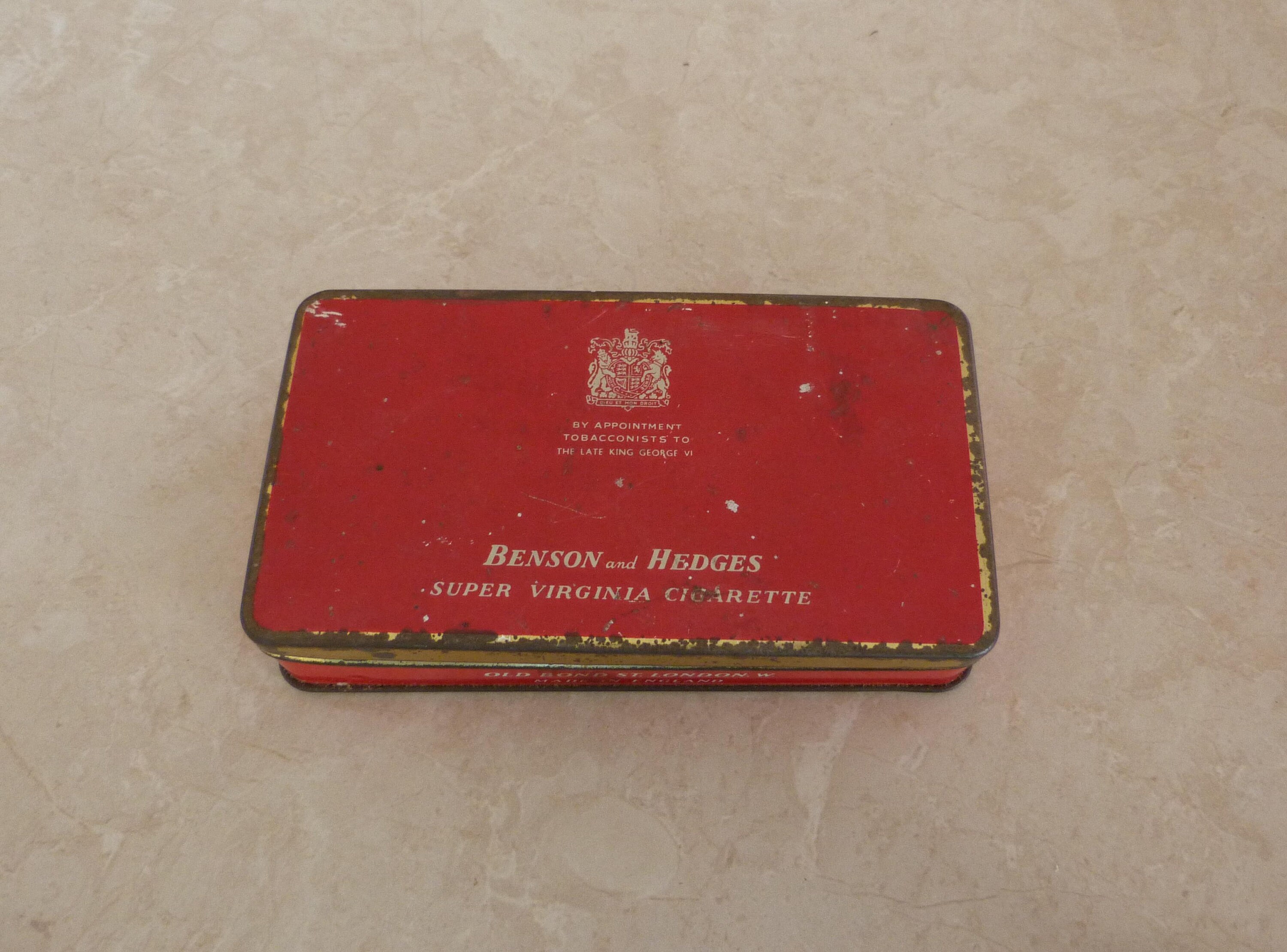 Vintage Benson & Hedges Super Virginia Cigarette Tin Made in England  (empty) Late King George VI