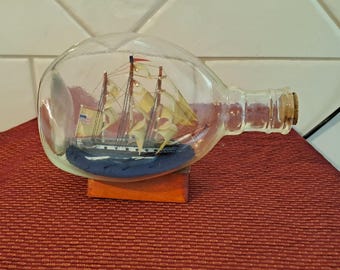 Vintage Sailing Ship in a Glass Dimple Bottle - Nautical Sailboat - Maritime Decor
