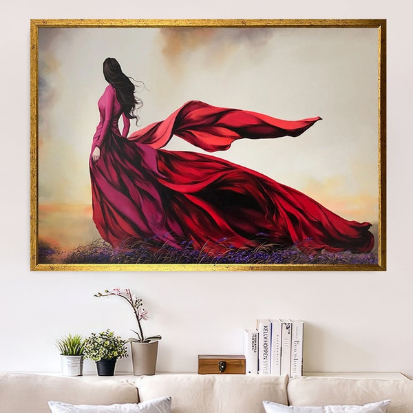 Impresión de lienzo de mujer vestido rojo, arte abstracto de la pared del lienzo de la mujer, decoración del lienzo de la mujer en el vestido rojo, arte del lienzo enmarcado, decoración de la pared horizontal
