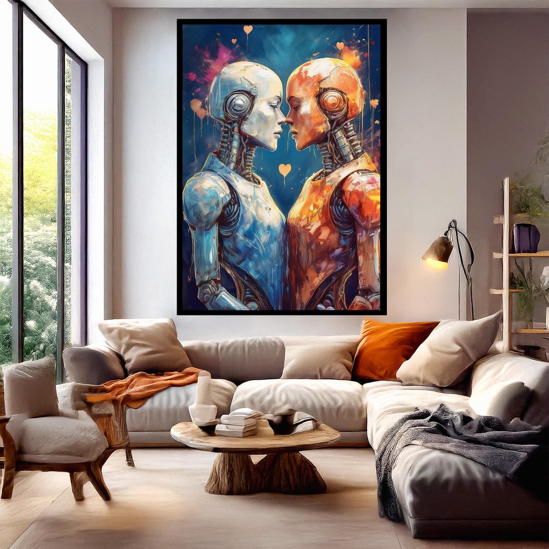 Robot Lovers Canvas Wall Art, Kissing Robots Canvas Print, Love Canvas ...