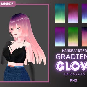 Puede incluir: Ilustración digital de un personaje femenino de estilo anime con cabello rosa y morado. La imagen incluye seis activos de cabello degradado pintados a mano en varios colores, y el texto "HANDPAINTED GRADIENT GLOW HAIR ASSETS PNG".