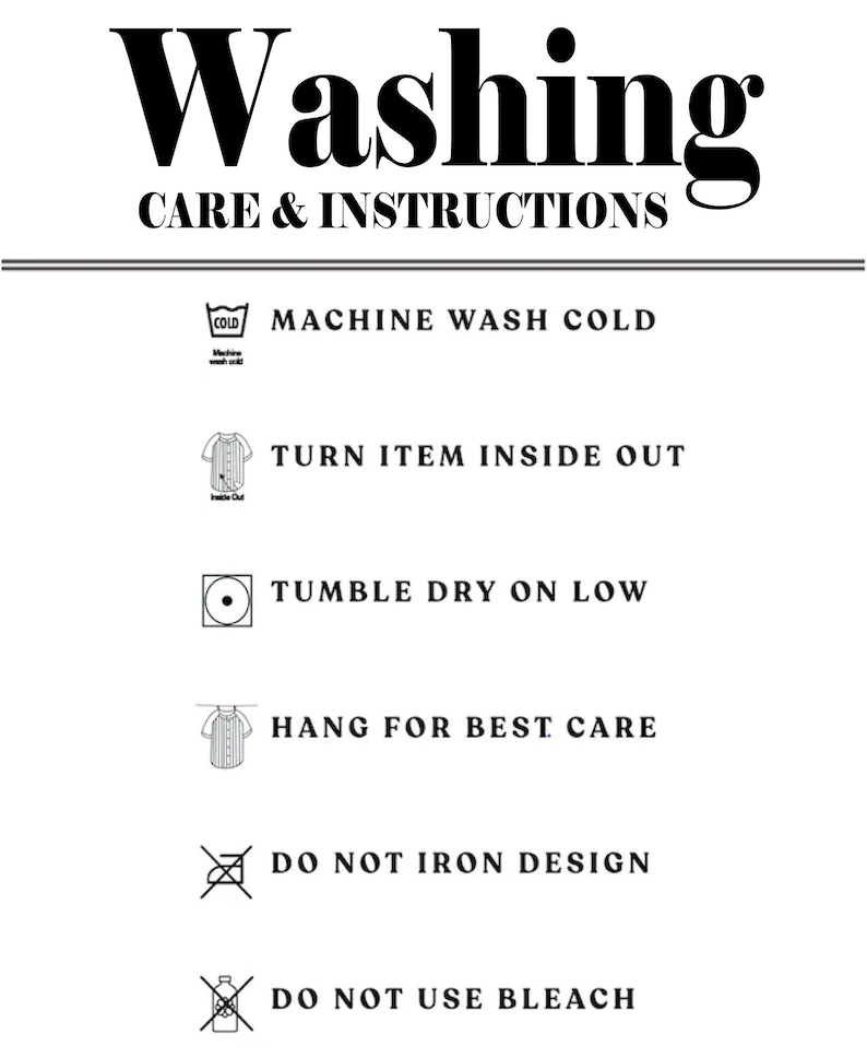 K&ouml;nnte beinhalten: Schwarz-wei&szlig;e Grafik mit Waschanleitung. Der Text enth&auml;lt "Washing CARE & INSTRUCTIONS", "Maschinenw&auml;sche kalt", "Artikel auf links drehen", "Trockner bei niedriger Temperatur", "Zum Trocknen aufh&auml;ngen", "Design nicht b&uuml;geln".
