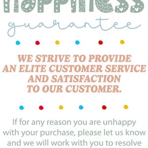 May include: A white background with the words "happiness guarantee" in a whimsical font. The text promises elite customer service and satisfaction. Colorful dots are arranged below the text.