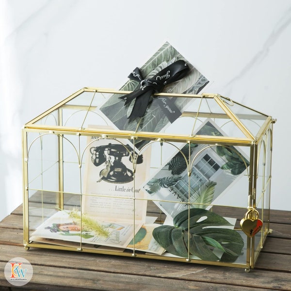 Vintage Large Geometric Glass Card Box Terrarium With Slot Heart Lock, Handmade Brass For Wedding Reception Keepsake Box Gift For Girlfriend