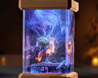 Handmade Astronaut Resin Lamp: Cosmic Space Explorer, Wood Base