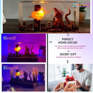 Peut inclure: Une sculpture en r&eacute;sine d'un monstre ressemblant &agrave; Godzilla d&eacute;truisant une ville. La sculpture est &eacute;clair&eacute;e de l'int&eacute;rieur et dispose d'une t&eacute;l&eacute;commande pour changer les couleurs des lumi&egrave;res. La sculpture est pr&eacute;sent&eacute;e sur un socle en bois. Le texte "PERFECT HOME DECOR" et "SECRET GIFT" est visible sur l'image.