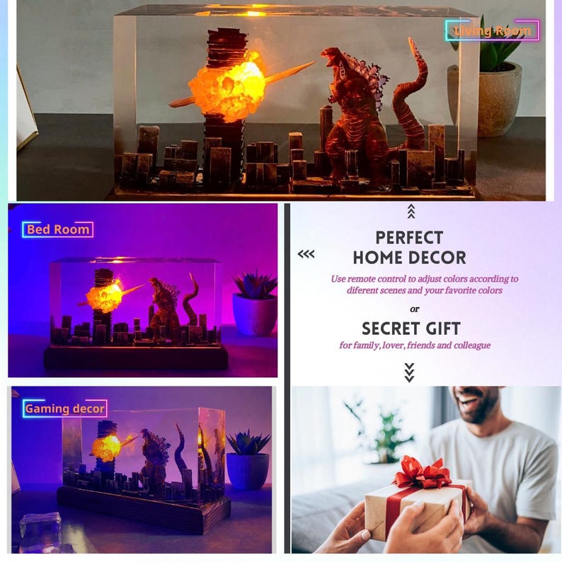 Peut inclure: Une sculpture en r&eacute;sine d'un monstre ressemblant &agrave; Godzilla d&eacute;truisant une ville. La sculpture est &eacute;clair&eacute;e de l'int&eacute;rieur et dispose d'une t&eacute;l&eacute;commande pour changer les couleurs des lumi&egrave;res. La sculpture est pr&eacute;sent&eacute;e sur un socle en bois. Le texte "PERFECT HOME DECOR" et "SECRET GIFT" est visible sur l'image.