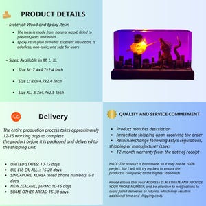 Peut inclure: Une sculpture en r&eacute;sine d'un monstre ressemblant &agrave; Godzilla d&eacute;truisant une ville. La sculpture est &eacute;clair&eacute;e de l'int&eacute;rieur, cr&eacute;ant une lueur vibrante violette et jaune. La sculpture est disponible en trois tailles&nbsp;: 18,8 x 11,9 x 6,1&nbsp;cm, 20,3 x 11,9 x 6,1&nbsp;cm et 22,1 x 11,9 x 6,4&nbsp;cm.