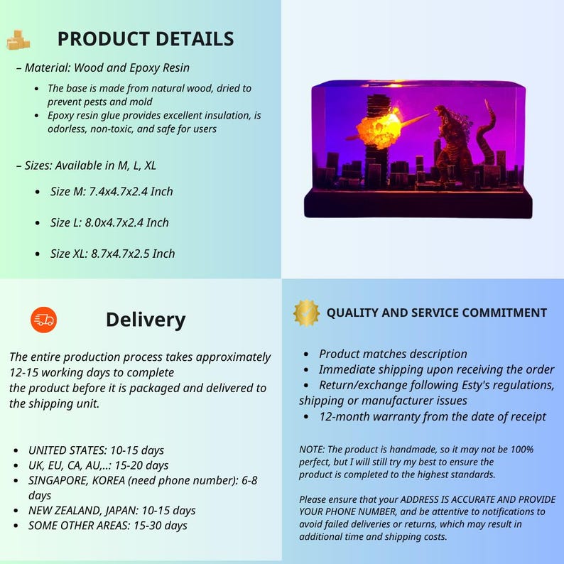 Peut inclure: Une sculpture en r&eacute;sine d'un monstre ressemblant &agrave; Godzilla d&eacute;truisant une ville. La sculpture est &eacute;clair&eacute;e de l'int&eacute;rieur, cr&eacute;ant une lueur vibrante violette et jaune. La sculpture est disponible en trois tailles&nbsp;: 18,8 x 11,9 x 6,1&nbsp;cm, 20,3 x 11,9 x 6,1&nbsp;cm et 22,1 x 11,9 x 6,4&nbsp;cm.