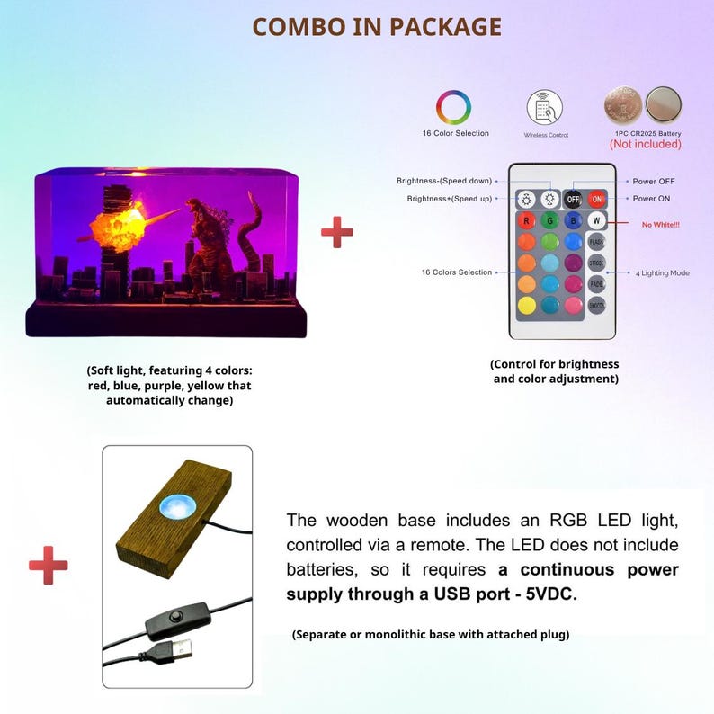 Peut inclure: Un ensemble comprenant une vitrine &eacute;clair&eacute;e avec une figurine de Godzilla et une base lumineuse LED &agrave; t&eacute;l&eacute;commande. La vitrine pr&eacute;sente un d&eacute;cor de ville et un effet lumineux. La base est en bois et dispose d'un port USB pour l'alimentation. La t&eacute;l&eacute;commande offre 16 options de couleurs et un r&eacute;glage de la luminosit&eacute;.