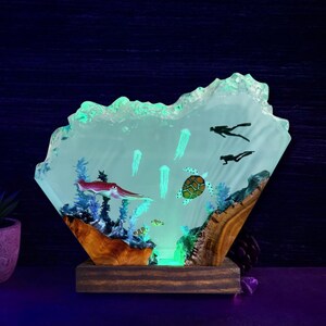 Blue Ocean Resin Lamp With Sea Creatures, Resin Wood Lamp, Gaming Lamp, Home Unique Gifts, Personalized Gifts, Gifts For Kid, Birthday Gifts