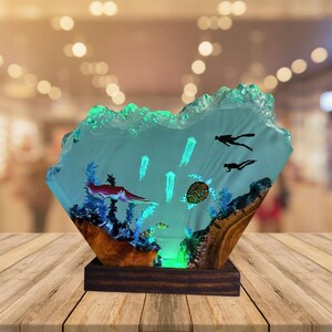 Blue Ocean Resin Lamp With Sea Creatures, Resin Wood Lamp, Gaming Lamp, Home Unique Gifts, Personalized Gifts, Gifts For Kid, Birthday Gifts