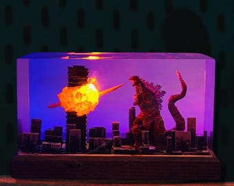 Lámpara de resina de paisaje urbano Kaiju hecha a mano, diorama LED de aliento atómico