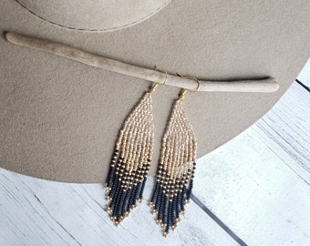 Gradient Southwestern Fringe Beaded Earrings | Champagne, Black and Gold Fringe Earrings