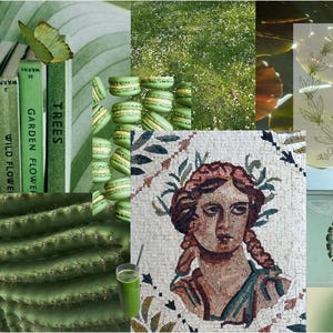 May include: A collage featuring green-themed items including a row of books titled Trees, Sea Fishes, Ferns, and Garden Flowers, green macarons, a cactus, sunglasses, a mosaic portrait of a person, and a book titled Daughter of the Sea.