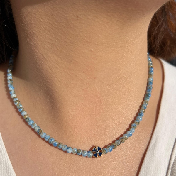 Blue Evil Eye Clover Necklace: Gold Plated Metallic Boho Protection Jewelry