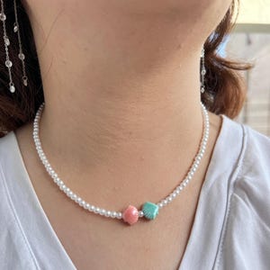 Handmade Pearl Choker Necklace with Pink & Mint Seashell Charms | Adjustable Beach Jewelry | Ocean Coastal Summer Necklace | Mermaid Gift